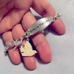 “Praise the Lord” Chain Statement Toggle Bracelet w/Silvertone Dove Dangle Charm